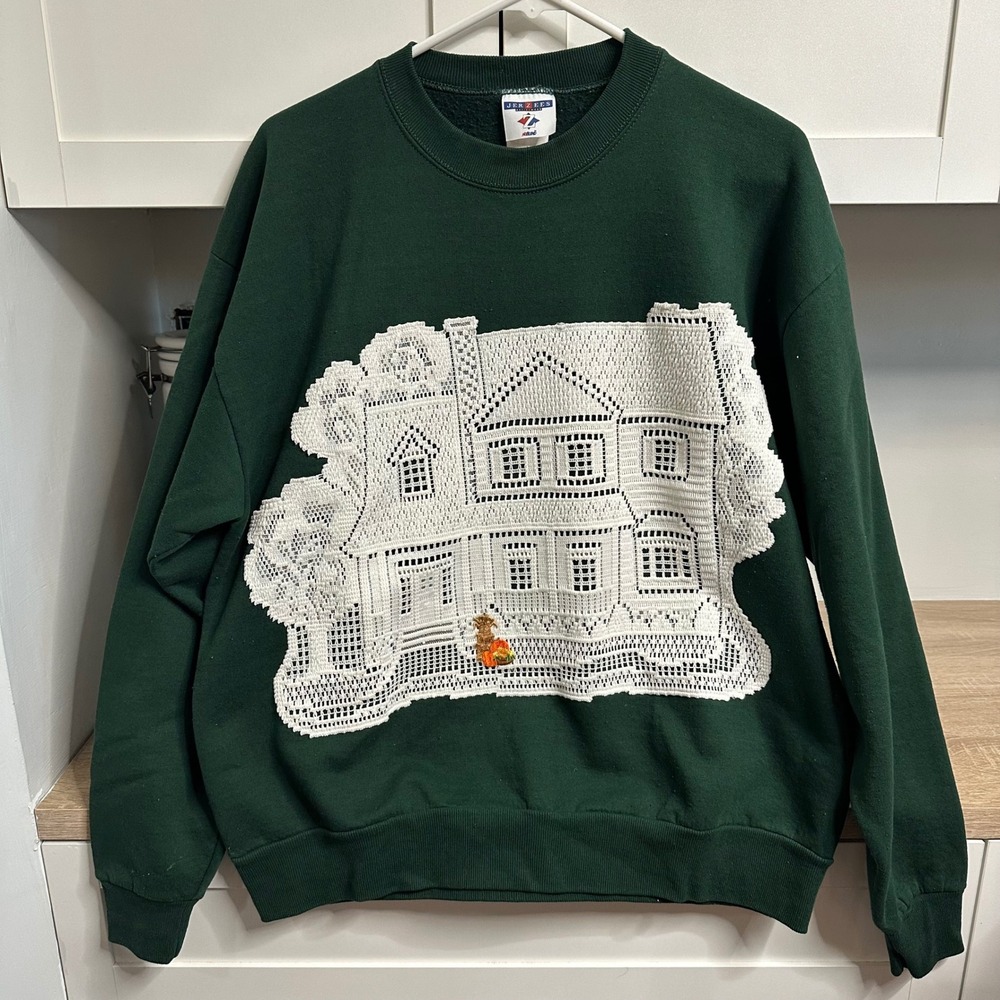 Jerzees Sweatshirt Unisex Large Green Crochet Lace House Applique Vintage 90s